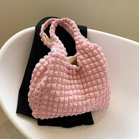 Summer Pleated Cloud Shoulder Bag – Candy Color Tote for Women - pink / 44x11x32cm