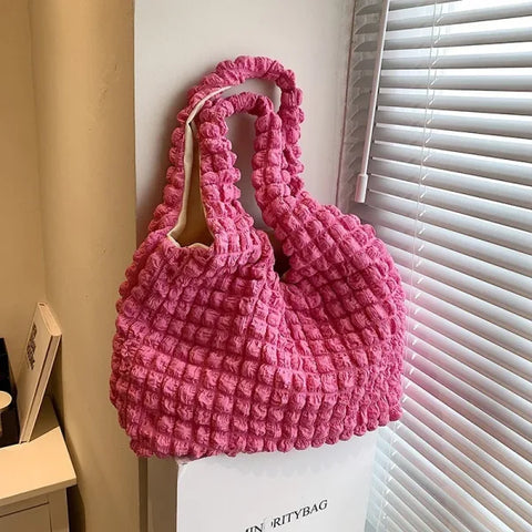 Summer Pleated Cloud Shoulder Bag – Candy Color Tote for Women - rose / 44x11x32cm
