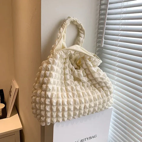 Summer Pleated Cloud Shoulder Bag – Candy Color Tote for Women - white / 44x11x32cm