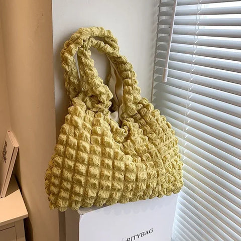 Summer Pleated Cloud Shoulder Bag – Candy Color Tote for Women - yellow / 44x11x32cm