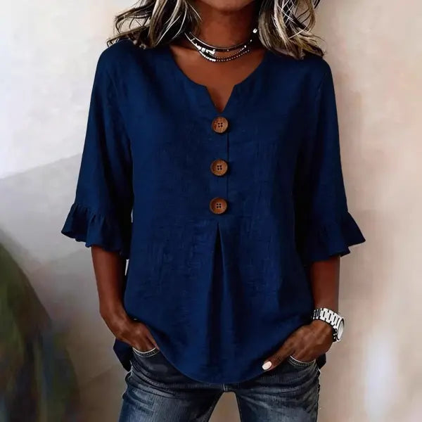 Summer Ruffled-Sleeve Top Loose Casual V-Neck Buttons Short-sleeved Shirts Women’s Clothing - None