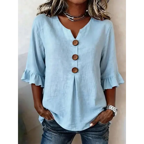 Summer Ruffled-Sleeve Top Loose Casual V-Neck Buttons Short-sleeved Shirts Women’s Clothing - Sky Blue / 2XL - None