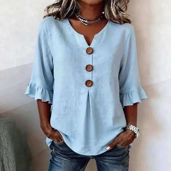Summer Ruffled-Sleeve Top Loose Casual V-Neck Buttons Short-sleeved Shirts Women’s Clothing - None
