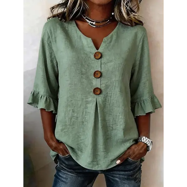 Summer Ruffled-Sleeve Top Loose Casual V-Neck Buttons Short-sleeved Shirts Women’s Clothing - Olive Green / 2XL - None