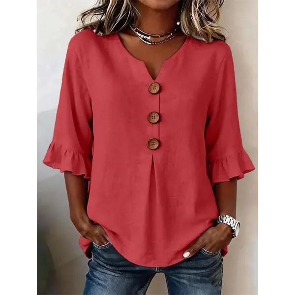 Summer Ruffled-Sleeve Top Loose Casual V-Neck Buttons Short-sleeved Shirts Women’s Clothing - Red / 2XL - None