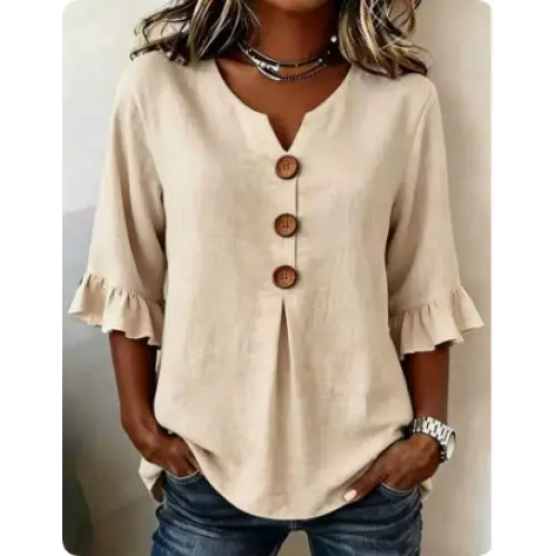 Summer Ruffled-Sleeve Top Loose Casual V-Neck Buttons Short-sleeved Shirts Women’s Clothing - Khaki / 2XL - None