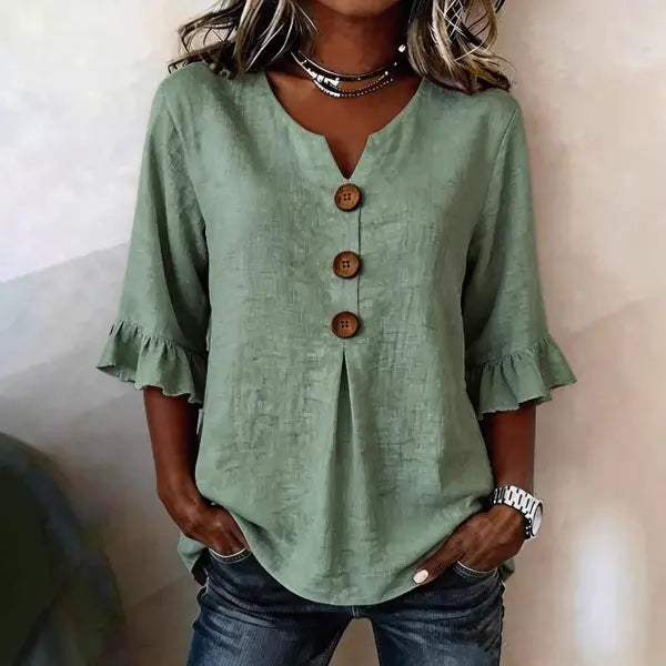 Summer Ruffled-Sleeve Top Loose Casual V-Neck Buttons Short-sleeved Shirts Women’s Clothing - None