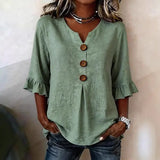 Summer Ruffled-Sleeve Top Loose Casual V-Neck Buttons Short-sleeved Shirts Women’s Clothing - None