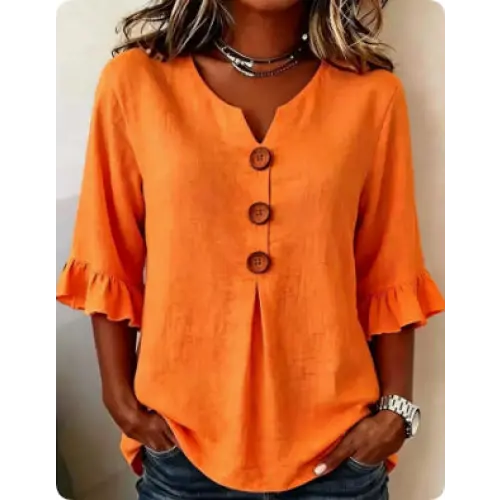 Summer Ruffled-Sleeve Top Loose Casual V-Neck Buttons Short-sleeved Shirts Women’s Clothing - Orange / 2XL - None