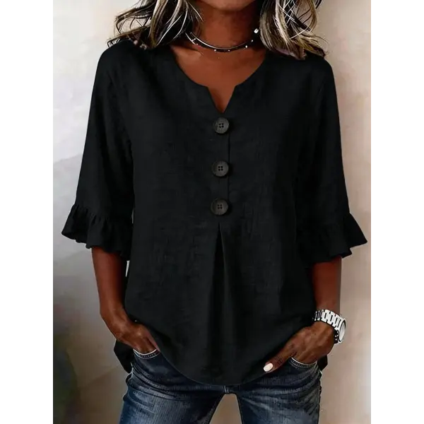Summer Ruffled-Sleeve Top Loose Casual V-Neck Buttons Short-sleeved Shirts Women’s Clothing - Black / 2XL - None