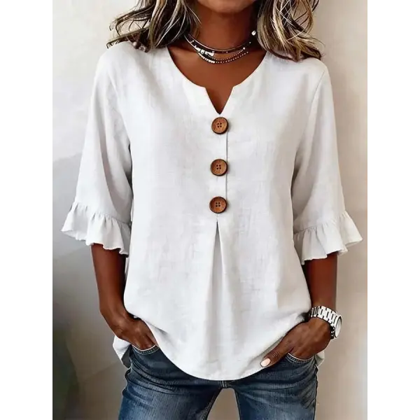 Summer Ruffled-Sleeve Top Loose Casual V-Neck Buttons Short-sleeved Shirts Women’s Clothing - White / 2XL - None