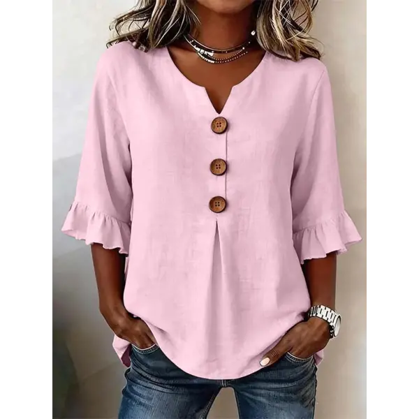 Summer Ruffled-Sleeve Top Loose Casual V-Neck Buttons Short-sleeved Shirts Women’s Clothing - Pink / 2XL - None
