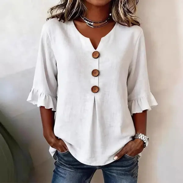 Summer Ruffled-Sleeve Top Loose Casual V-Neck Buttons Short-sleeved Shirts Women’s Clothing - None