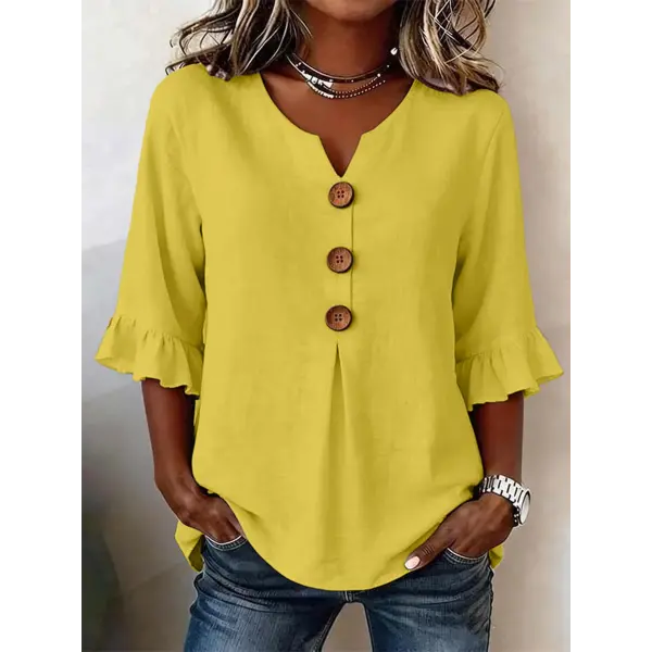 Summer Ruffled-Sleeve Top Loose Casual V-Neck Buttons Short-sleeved Shirts Women’s Clothing - Yellow / 2XL - None