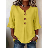 Summer Ruffled-Sleeve Top Loose Casual V-Neck Buttons Short-sleeved Shirts Women’s Clothing - Yellow / 2XL - None
