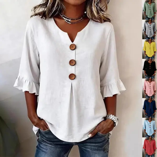Summer Ruffled-Sleeve Top Loose Casual V-Neck Buttons Short-sleeved Shirts Women’s Clothing - None