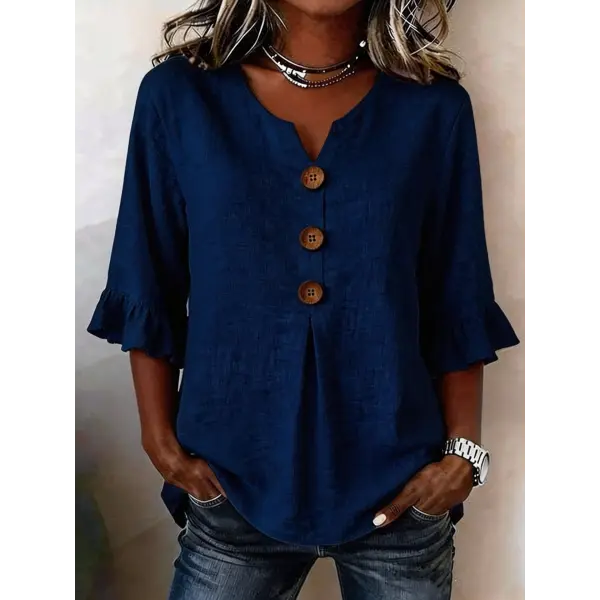 Summer Ruffled-Sleeve Top Loose Casual V-Neck Buttons Short-sleeved Shirts Women’s Clothing - Navy Blue / 2XL - None