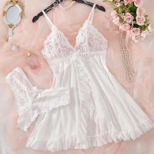 Women’s Sexy Lace Nightdress - See-Through V-Neck Summer Lingerie - Slim Fit Full Slip Sleepwear - WHITE / S