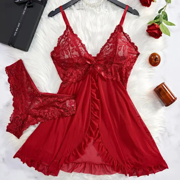 Women’s Sexy Lace Nightdress - See-Through V-Neck Summer Lingerie - Slim Fit Full Slip Sleepwear - Red / S