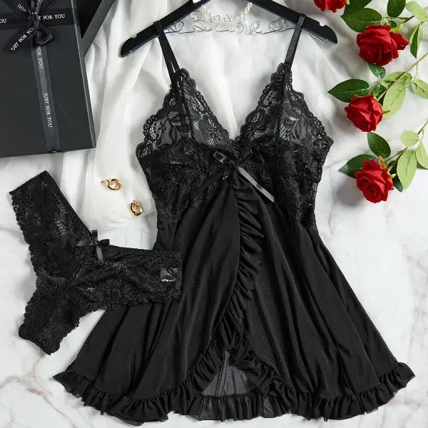 Women’s Sexy Lace Nightdress - See-Through V-Neck Summer Lingerie - Slim Fit Full Slip Sleepwear - black / S