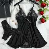 Women’s Sexy Lace Nightdress - See-Through V-Neck Summer Lingerie - Slim Fit Full Slip Sleepwear - black / S