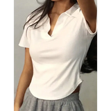 Women’s Retro Summer Crop Top - Slim Fit V-Neck Lapel Shirt - Sweet Short Sleeve Versatile Tee