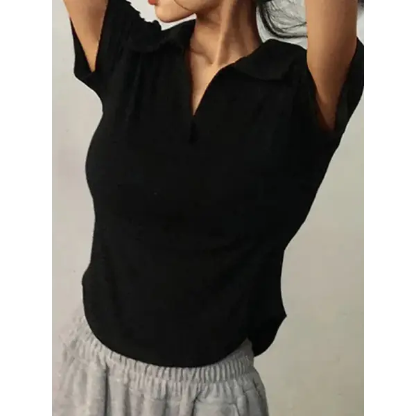 Women’s Retro Summer Crop Top - Slim Fit V-Neck Lapel Shirt - Sweet Short Sleeve Versatile Tee