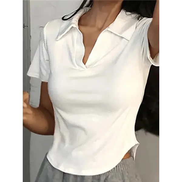 Women’s Retro Summer Crop Top - Slim Fit V-Neck Lapel Shirt - Sweet Short Sleeve Versatile Tee