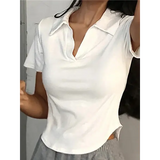Women’s Retro Summer Crop Top - Slim Fit V-Neck Lapel Shirt - Sweet Short Sleeve Versatile Tee
