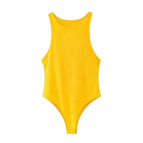 Summer Solid Sexy Bodycon Bodysuits: 4 Colors Slim Fit Casual Chic Lady Club Playsuits - Yellow / M