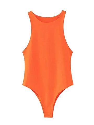 Summer Solid Sexy Bodycon Bodysuits: 4 Colors Slim Fit Casual Chic Lady Club Playsuits - Orange / L