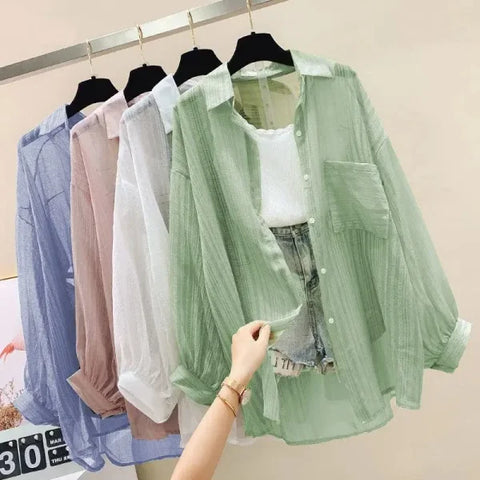Summer Sunscreen Shirt - Elegant Perspective Chiffon Blouse & See-Through Korean Harajuku Women’s Cardigan
