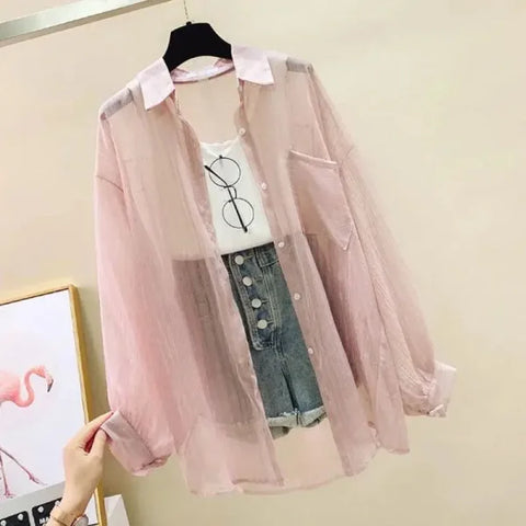 Summer Sunscreen Shirt - Elegant Perspective Chiffon Blouse & See-Through Korean Harajuku Women’s Cardigan - S / pink