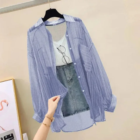 Summer Sunscreen Shirt - Elegant Perspective Chiffon Blouse & See-Through Korean Harajuku Women’s Cardigan - L / blue