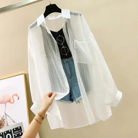 Summer Sunscreen Shirt - Elegant Perspective Chiffon Blouse & See-Through Korean Harajuku Women’s Cardigan - S / white