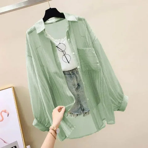 Summer Sunscreen Shirt - Elegant Perspective Chiffon Blouse & See-Through Korean Harajuku Women’s Cardigan - M / green