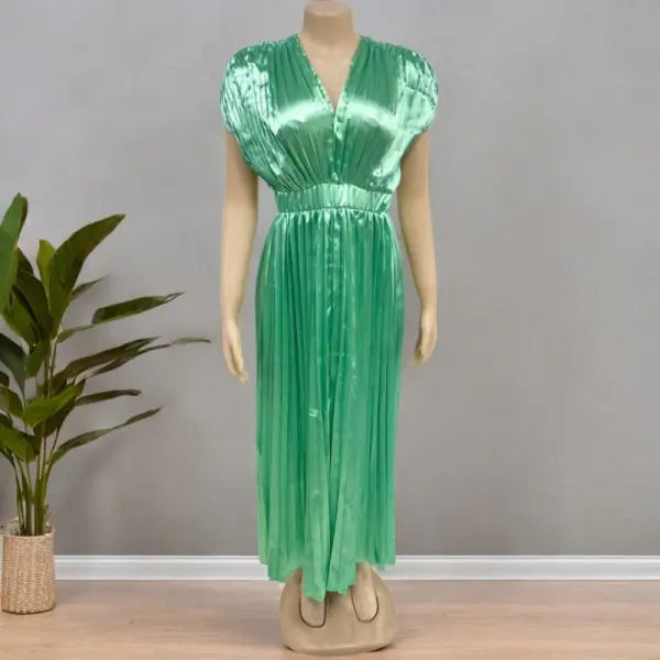 Summer V-neck Pleated Dress INS Fashion Casual Loose Zip Sleeveless Dresses For Women Clothing - Green / 3XL - None