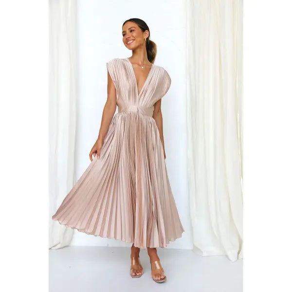 Summer V-neck Pleated Dress INS Fashion Casual Loose Zip Sleeveless Dresses For Women Clothing - Pink / 2XL - None
