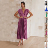 Summer V-neck Pleated Dress INS Fashion Casual Loose Zip Sleeveless Dresses For Women Clothing - None