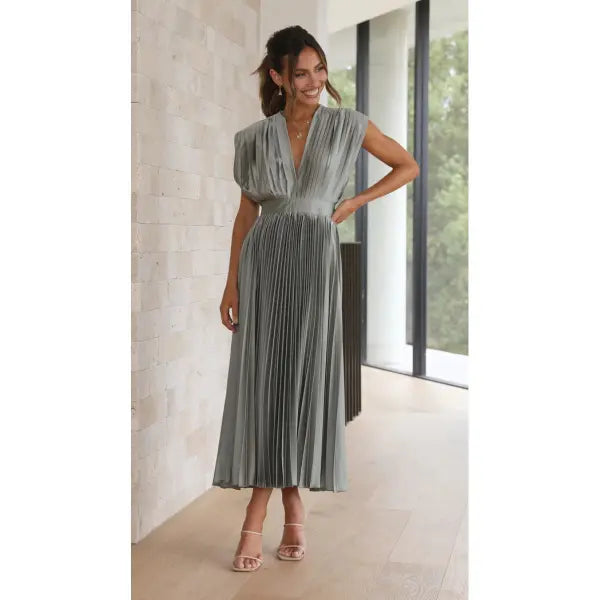 Summer V-neck Pleated Dress INS Fashion Casual Loose Zip Sleeveless Dresses For Women Clothing - Gray / 2XL - None