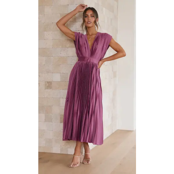 Summer V-neck Pleated Dress INS Fashion Casual Loose Zip Sleeveless Dresses For Women Clothing - Purple / L - None