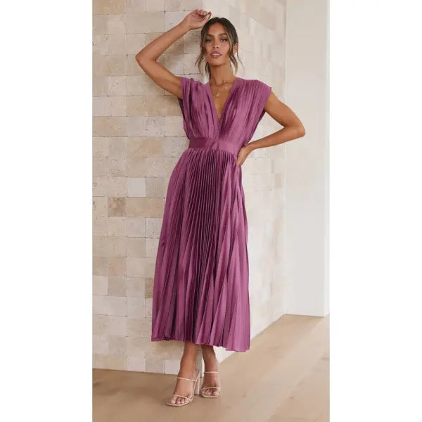 Summer V-neck Pleated Dress INS Fashion Casual Loose Zip Sleeveless Dresses For Women Clothing - None