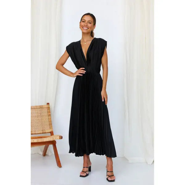 Summer V-neck Pleated Dress INS Fashion Casual Loose Zip Sleeveless Dresses For Women Clothing - Black / L - None