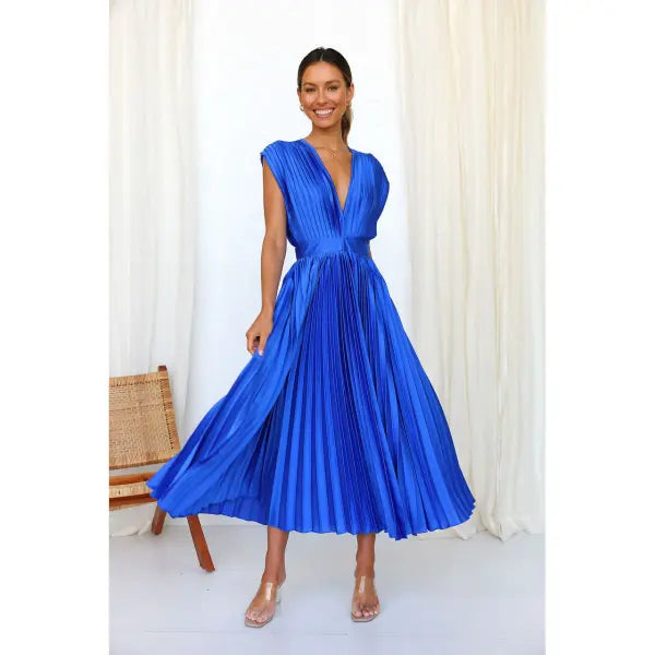 Summer V-neck Pleated Dress INS Fashion Casual Loose Zip Sleeveless Dresses For Women Clothing - Blue / L - None