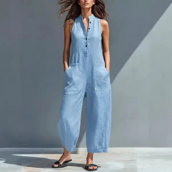 Summer V-Neck Sleeveless Jumpsuit Plus Sizes Casual Fashion Style - 2XL / Sky Blue - Hair Remover