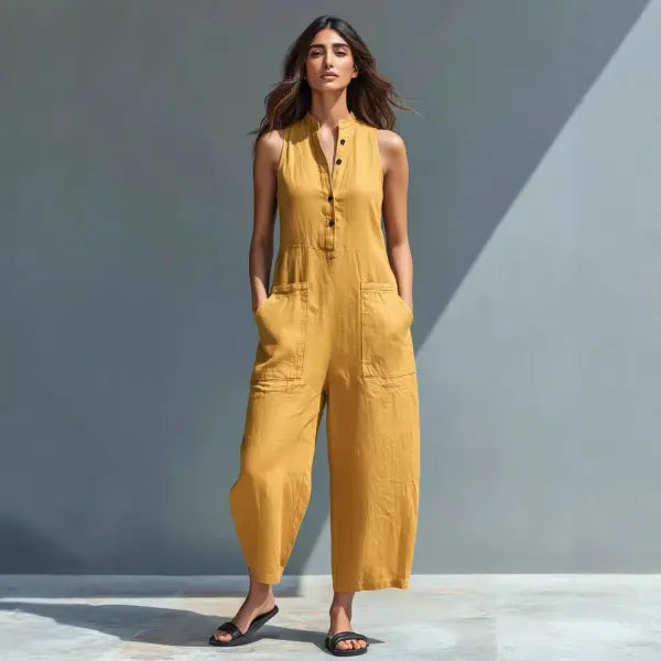 Summer V-Neck Sleeveless Jumpsuit Plus Sizes Casual Fashion Style - 2XL / Yellow - Hair Remover