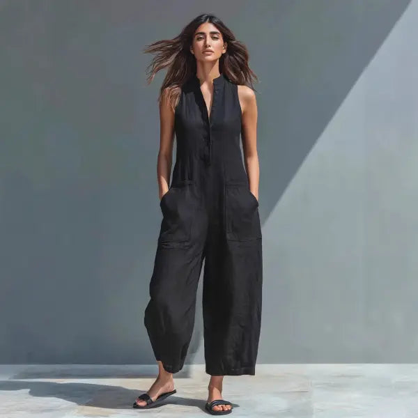 Summer V-Neck Sleeveless Jumpsuit Plus Sizes Casual Fashion Style - 2XL / Black - Hair Remover