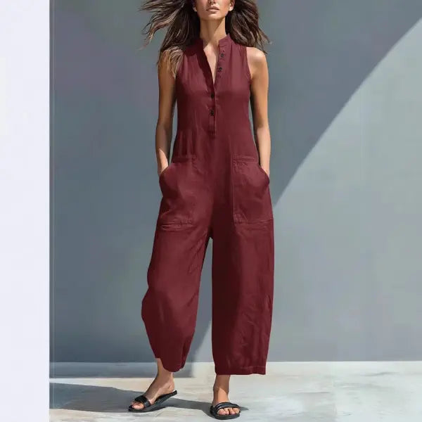 Summer V-Neck Sleeveless Jumpsuit Plus Sizes Casual Fashion Style - 2XL / Reddish Brown - Hair Remover