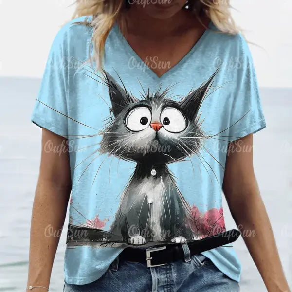 Women’s Oversized Cat Print T-Shirt - Summer 3D Graphic Tee - Casual Crew Neck Streetwear Top - K01-LL50303 / M