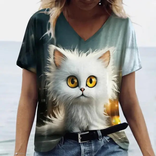 Women’s Oversized Cat Print T-Shirt - Summer 3D Graphic Tee - Casual Crew Neck Streetwear Top - K01-SC20864 / 5XL